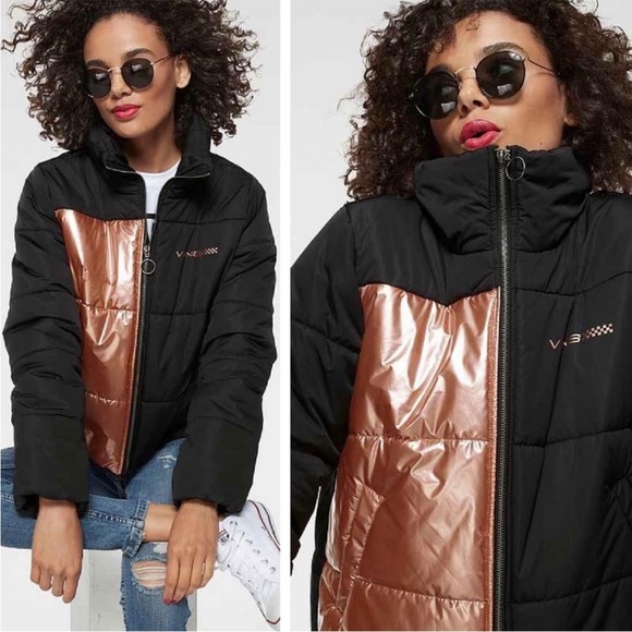 Womens New Vans Foundry Metallic Black & Pink Puffer Jacket - Picture 1 of 11